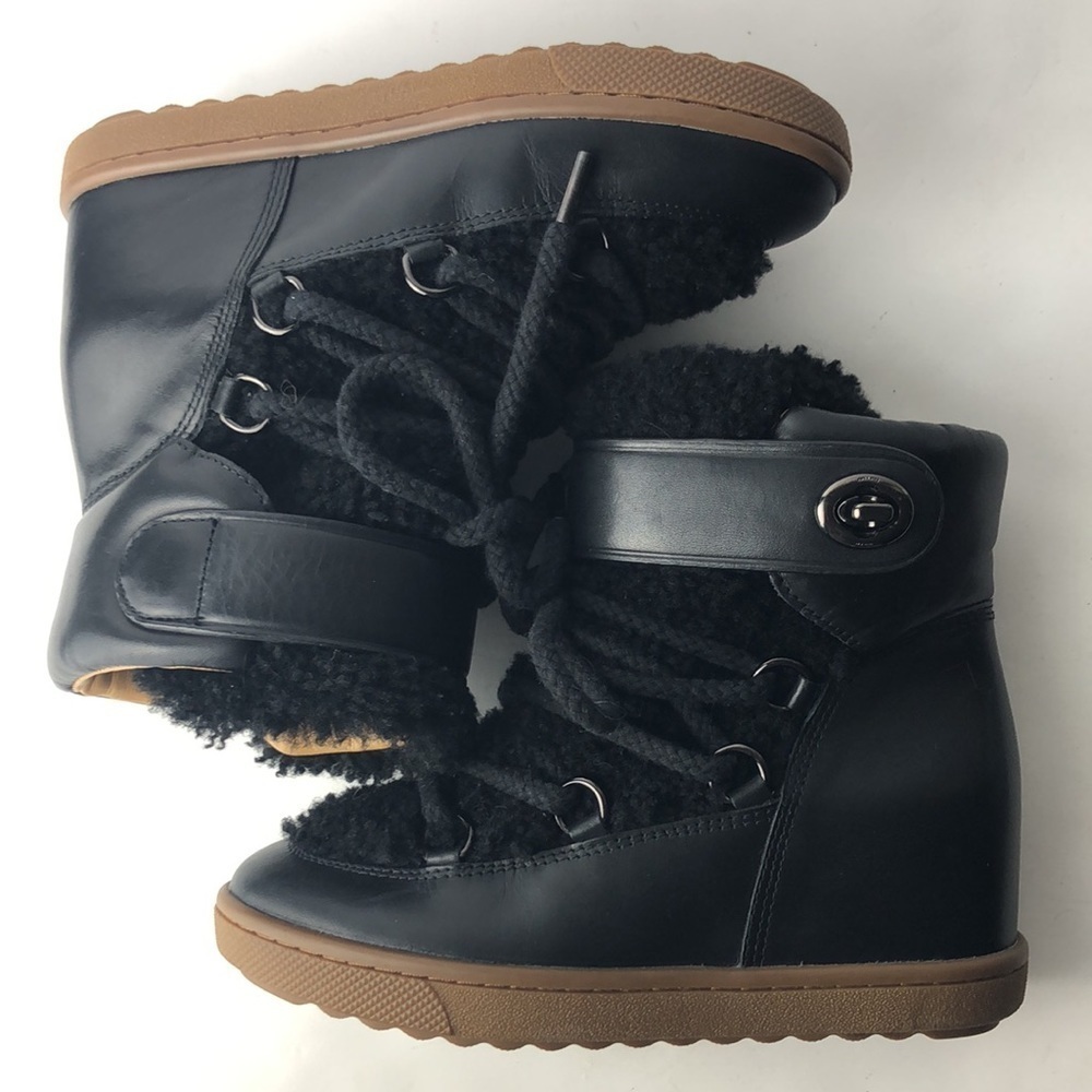 Coach Monroe Black Leather Shearling Ankle Wedge Boots 6 - Picture 8 of 11